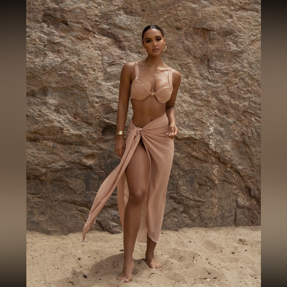 NEW JLUXLABEL Tan Uncharted Waters Mesh Sarong Maxi Hem Skirt - Picture 3 of 11
